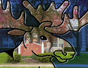  picture of a moose with Mason school in the background.